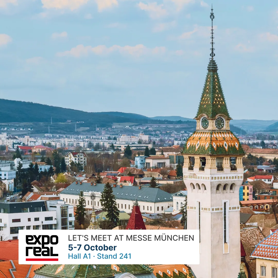 Clock tower of the Prefecture Palace in Târgu Mureș. EXPO REAL: let's meet at Messe München, 5–7 October, Hall A1, Stand 241.